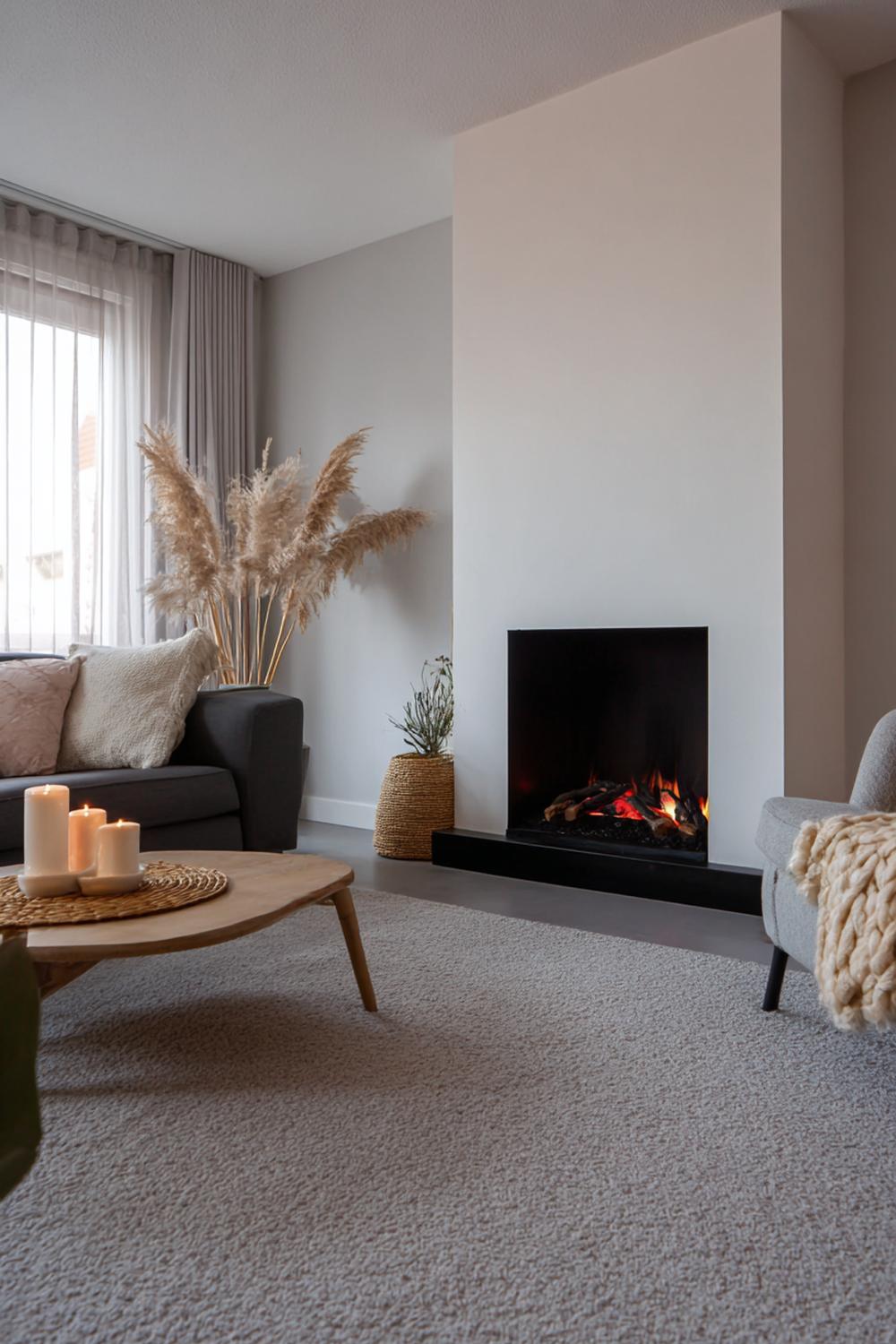 25. Woonkamer inspiratie met kunstmatige haardvlam en knusse avondsetting